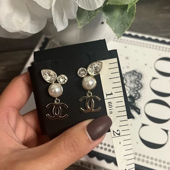 CHANEL Gold CC Faux Pearl Crystal Dangle Earrings